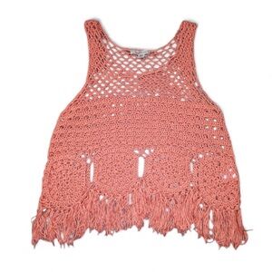 Boho Coral Crocheted Tank with Fringes Sz M/L